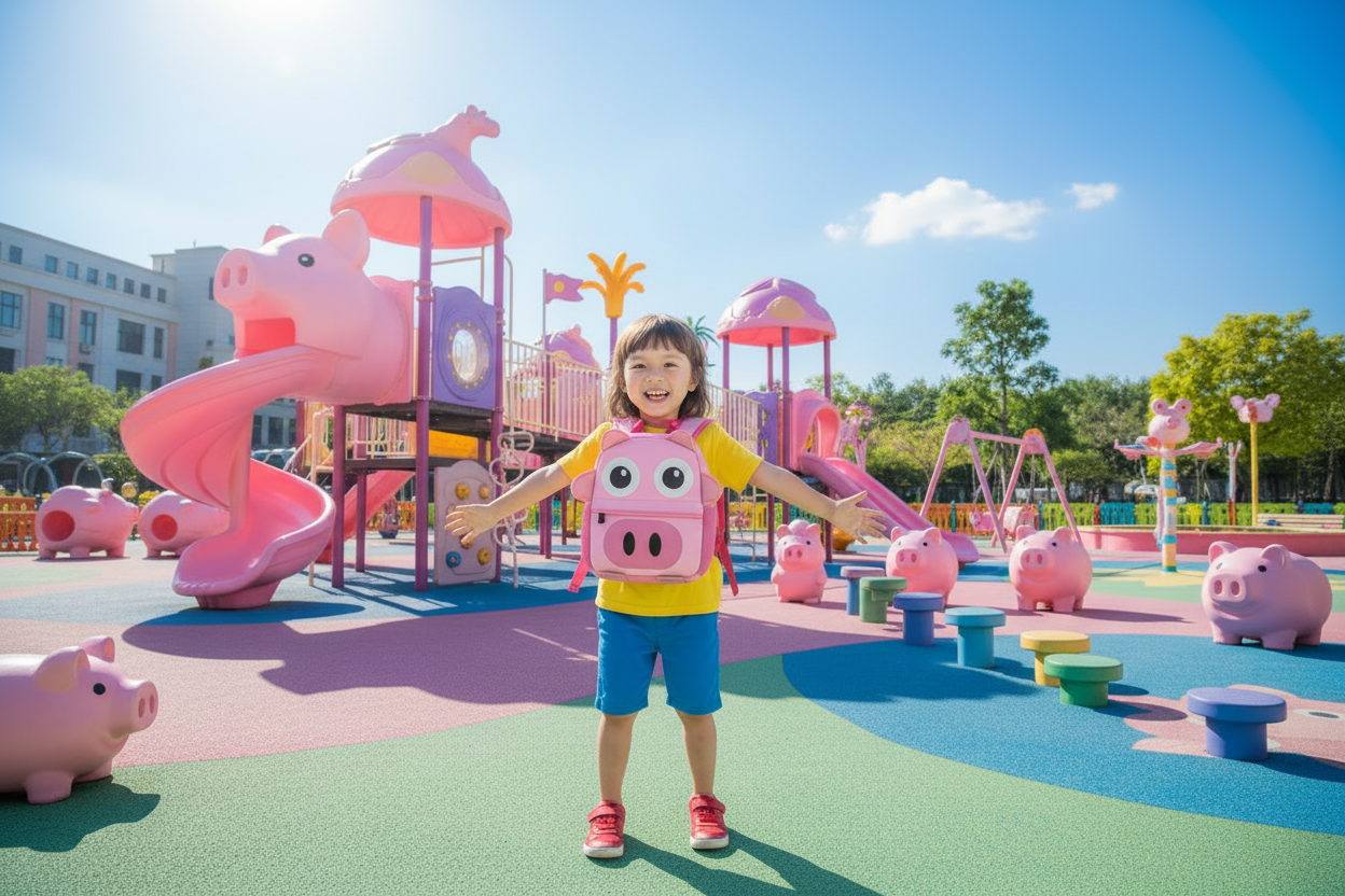 Pink cartoon pig backpack with pig face, ears, and adjustable shoulder straps