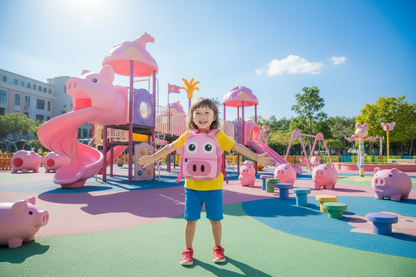 Pink cartoon pig backpack with pig face, ears, and adjustable shoulder straps