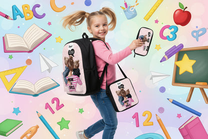 Three-piece printed student backpack set with girl graphic pockets and black backpack