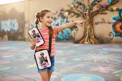 Three-piece printed student backpack set with pink girl graphics and black zip pouches