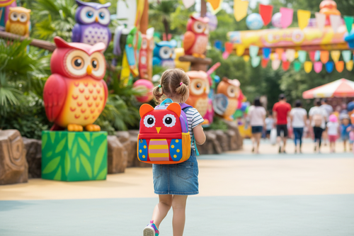 Colorful cartoon owl backpack with large eyes, front pocket, and adjustable straps