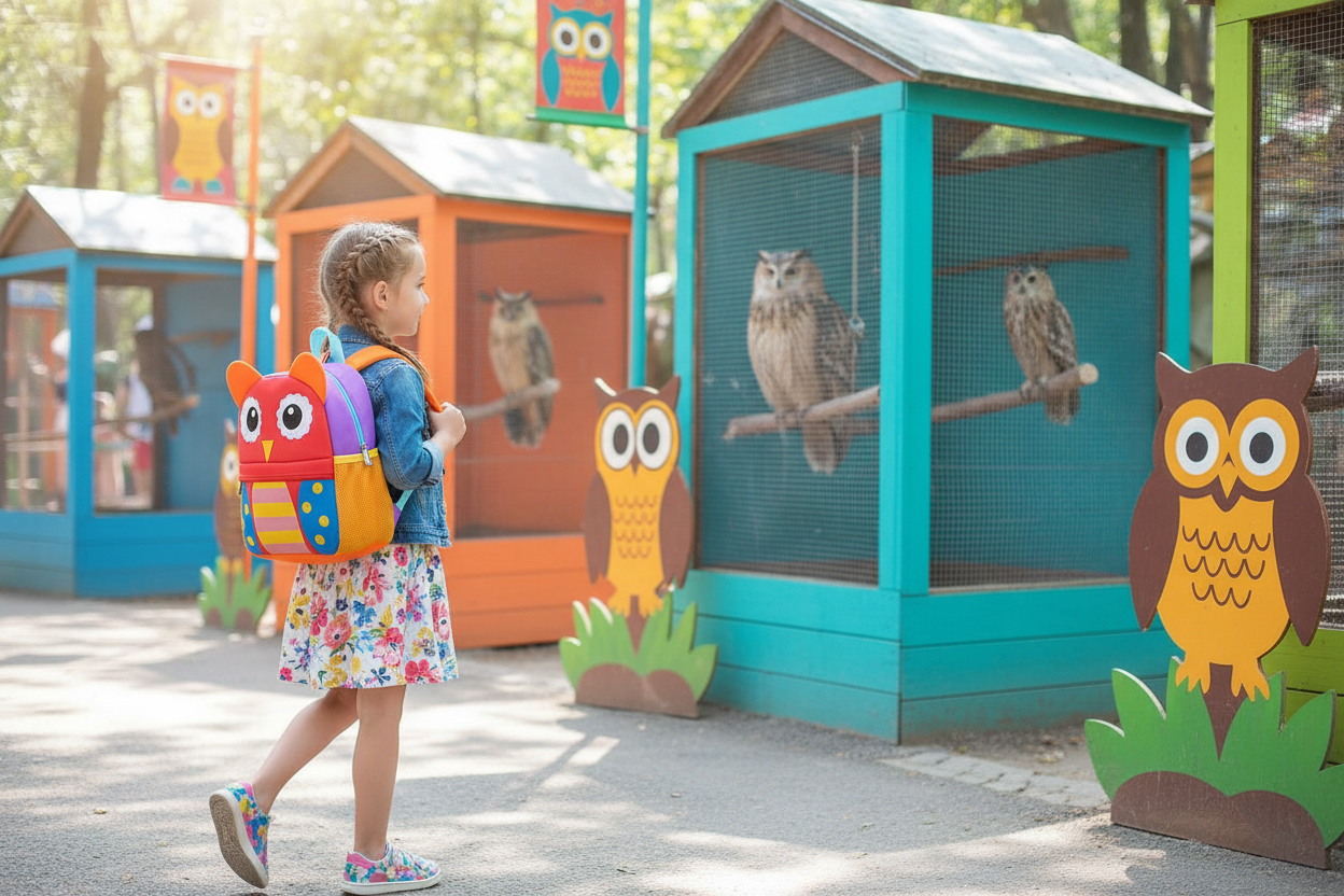 Purple owl cartoon backpack with big eyes and front zipper pocket, toddler size.