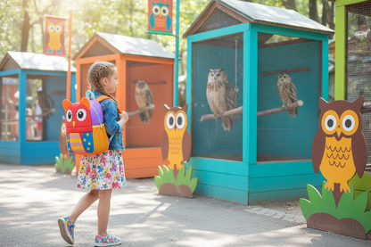 Purple owl cartoon backpack with big eyes and front zipper pocket, toddler size.