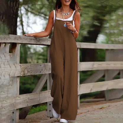 Plus Size Women's Solid Color Casual Jumpsuit - Sleeveless Romper With Pockets