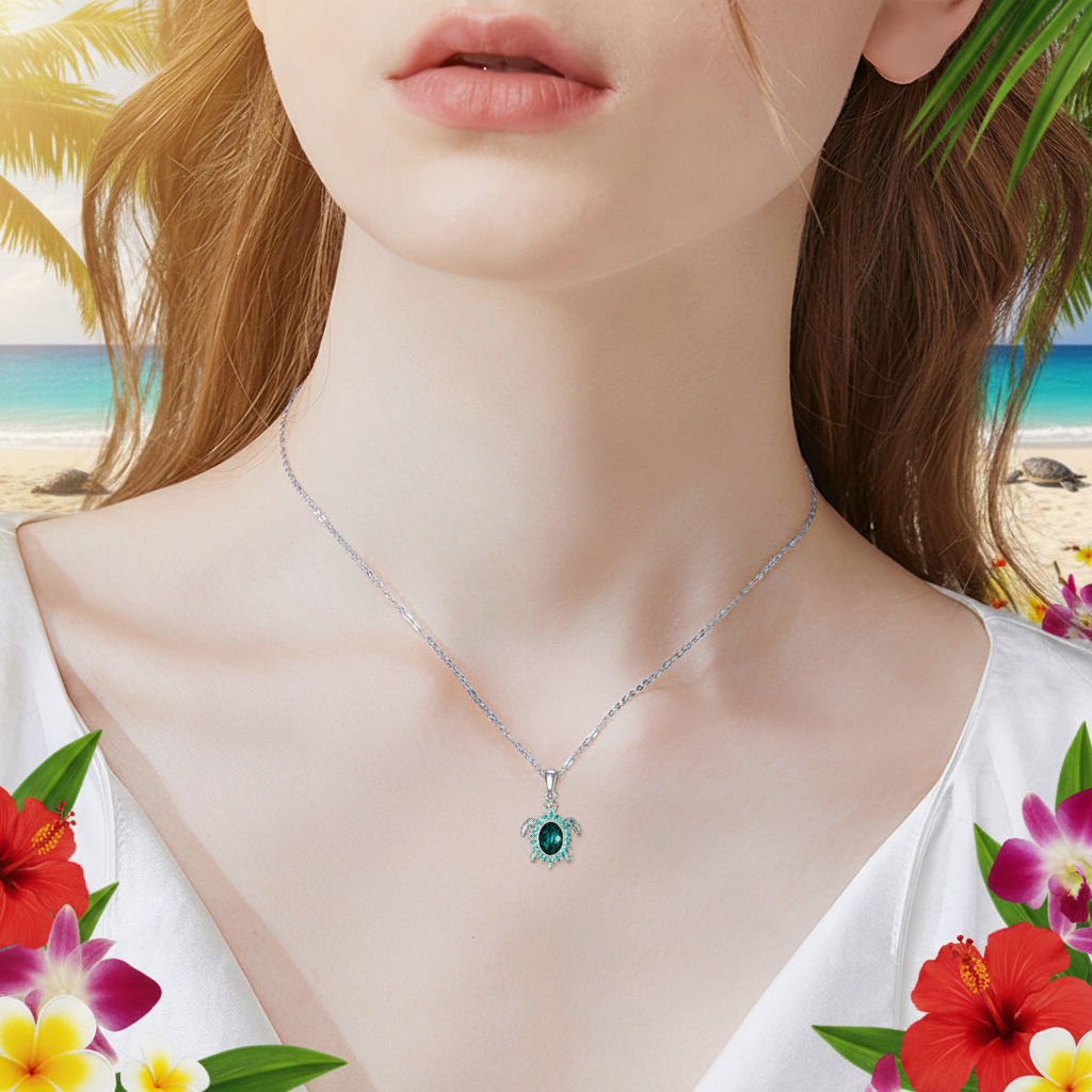 Silver chain necklace with round green crystal turtle pendant