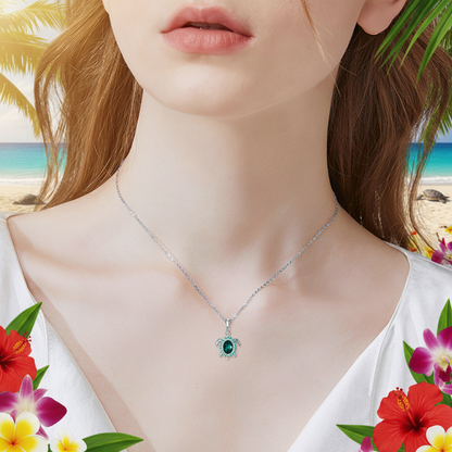 Silver chain necklace with round green crystal turtle pendant