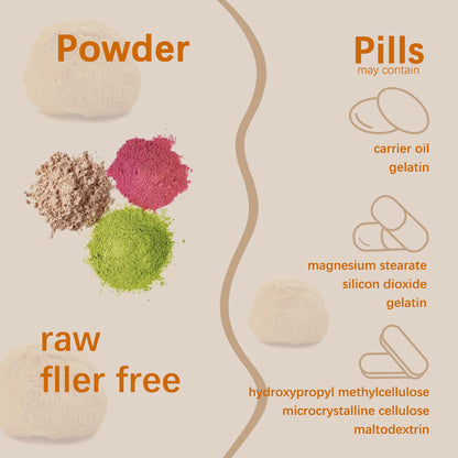 Lion's mane powder ingredient diagram showing raw, filler-free and pill carriers
