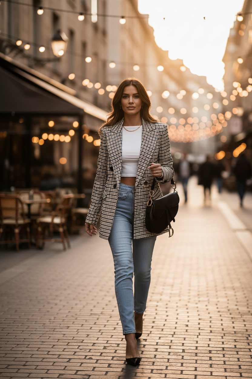 Black-and-white checkered double-breasted blazer with long sleeves and lapels