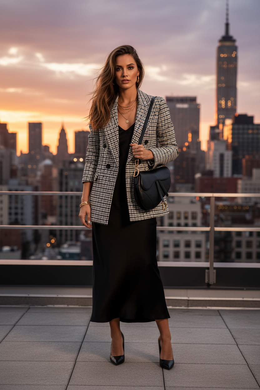 Black-and-white checkered blazer jacket with notch lapels and double-breasted front