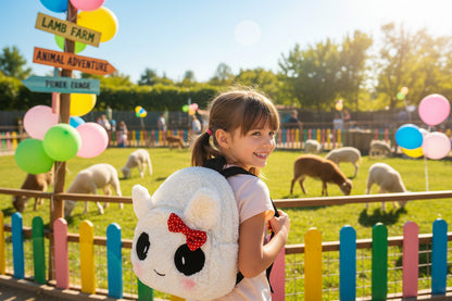 White plush lamb schoolbag with red bow detail and rounded ears