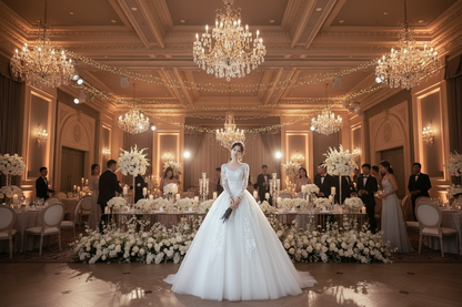Long-sleeve wedding dress with lace top, full gathered skirt, and trailing train