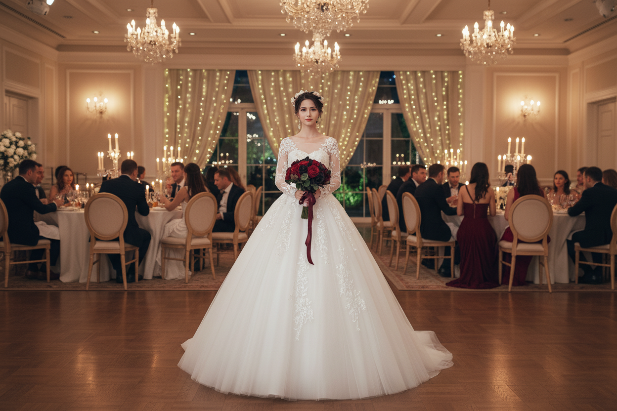 Long-sleeve lace wedding dress with illusion sleeves, fitted bodice, and full skirt
