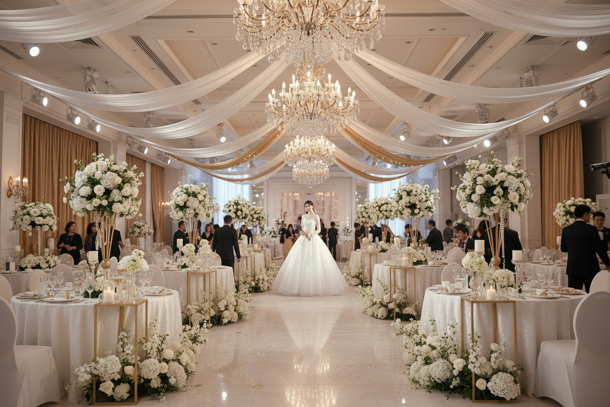 Long-sleeve lace wedding dress with ornate detailing, full skirt, and extended train