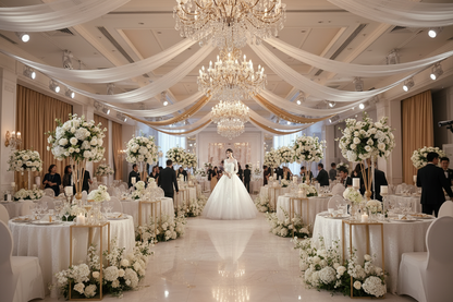 Long-sleeve lace wedding dress with ornate detailing, full skirt, and extended train