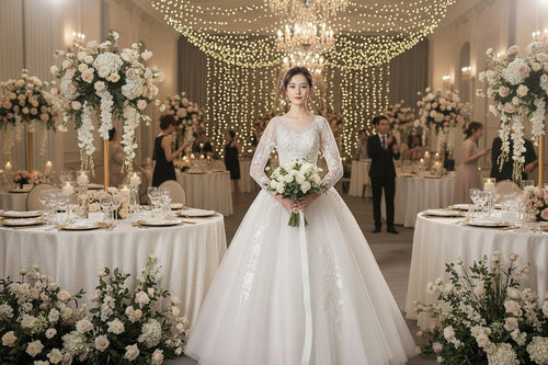 Long-sleeve wedding dress with lace bodice, illusion sleeves, full skirt with train
