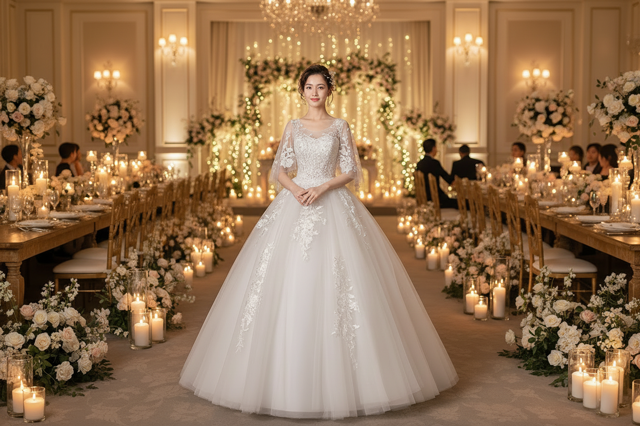 Long-sleeve wedding dress with ornate lace bodice, illusion neckline, and full tulle skirt