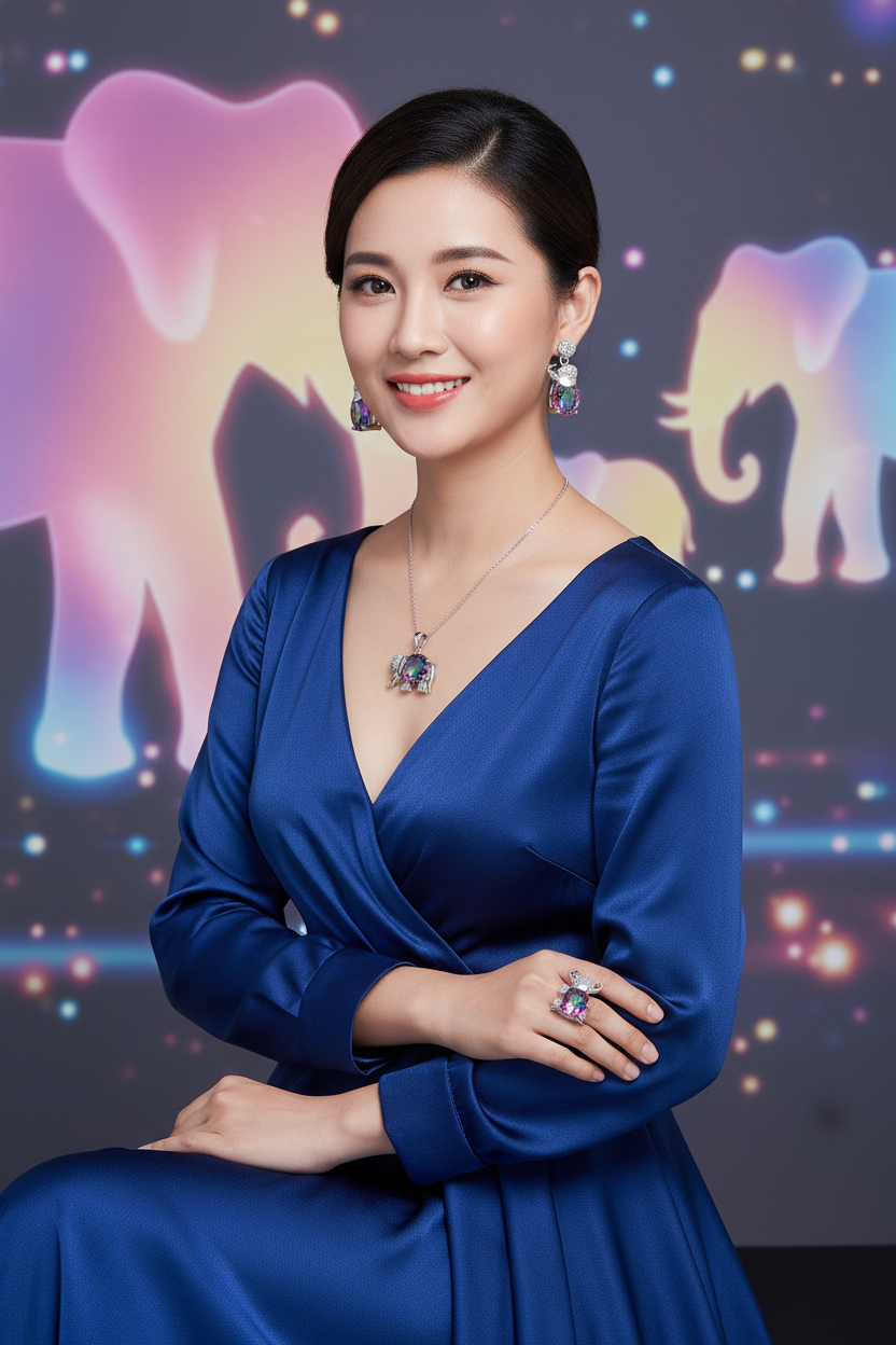 Elephant pendant necklace with multicolor gemstone and matching drop earrings