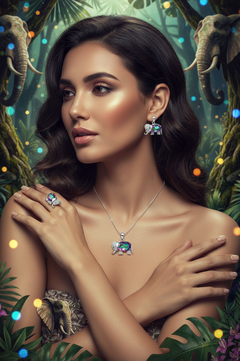 Elephant jewelry set: pendant necklace, stud earrings, and ring with multicolor stones