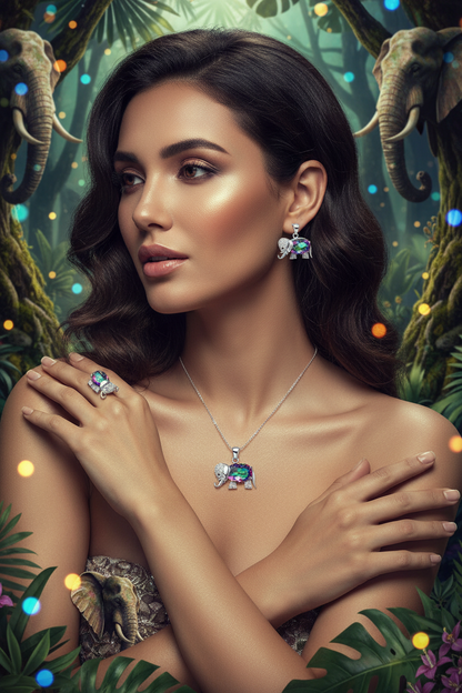 Elephant jewelry set: pendant necklace, stud earrings, and ring with multicolor stones