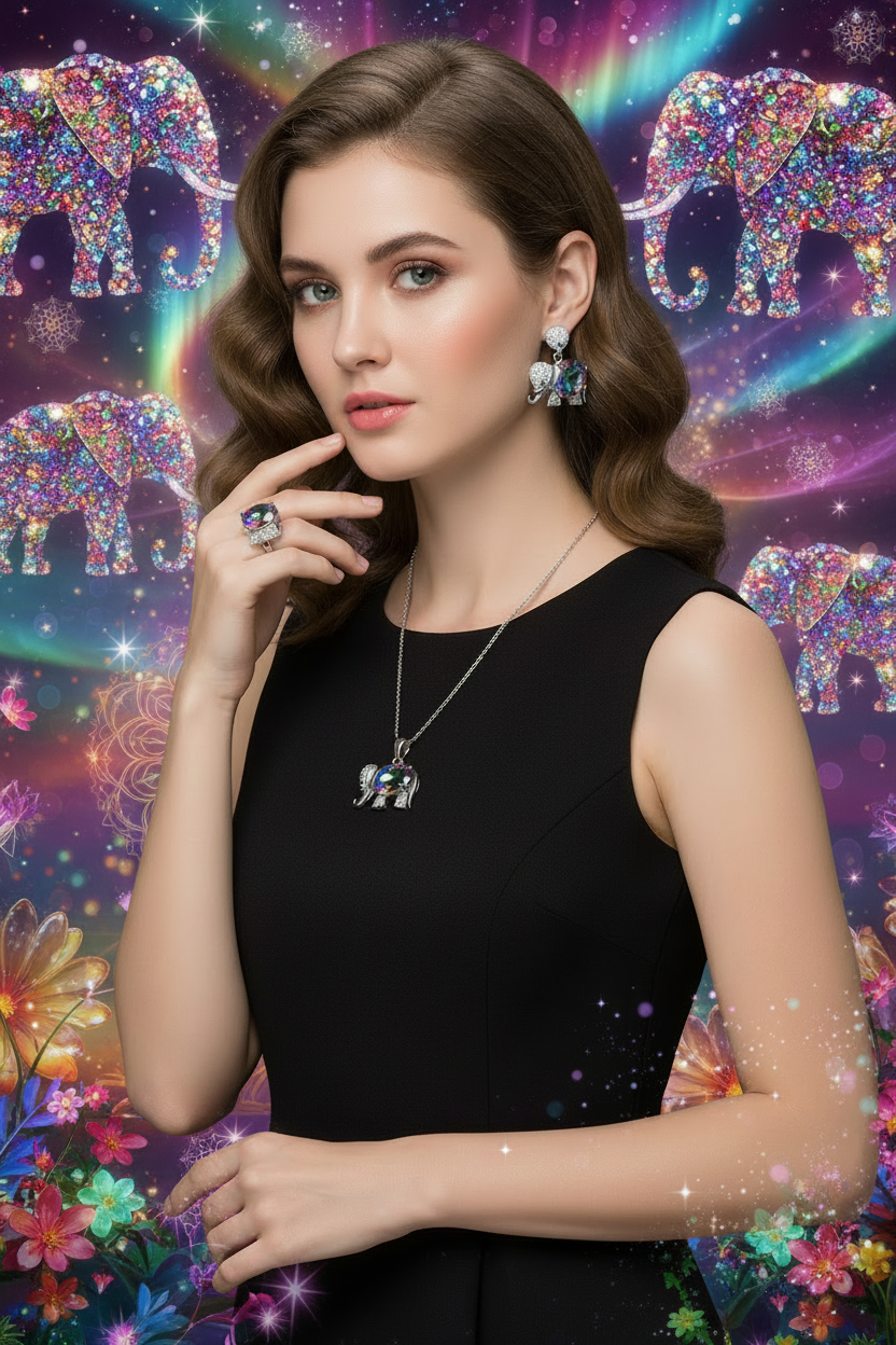 Elephant pendant necklace and elephant drop earrings with multicolor stone centers