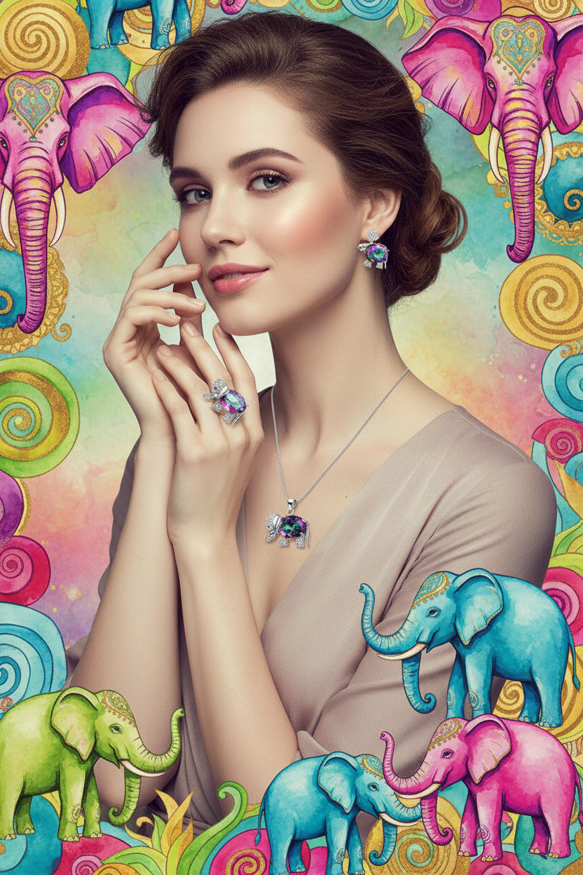 Elephant-themed stone jewelry set on a model: pendant necklace, earrings, and ring