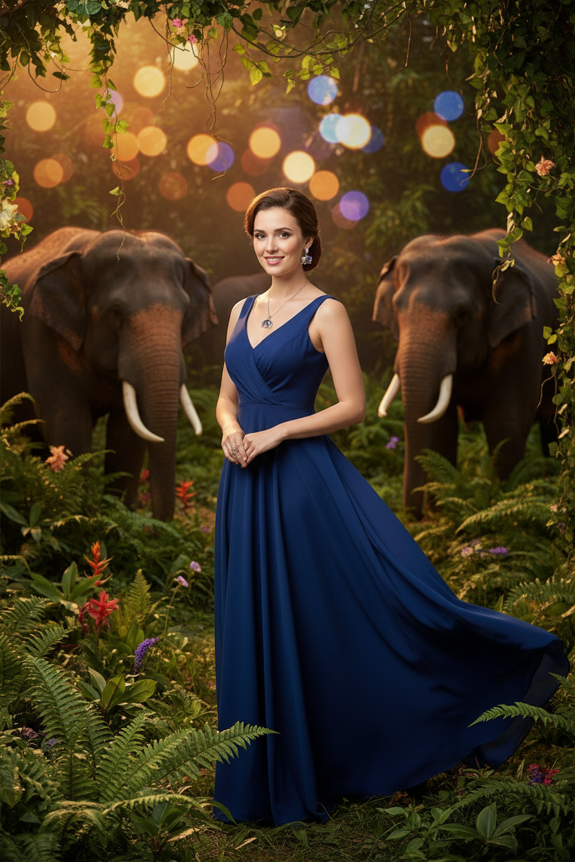 Elephant-themed pendant necklace and earrings worn by a model