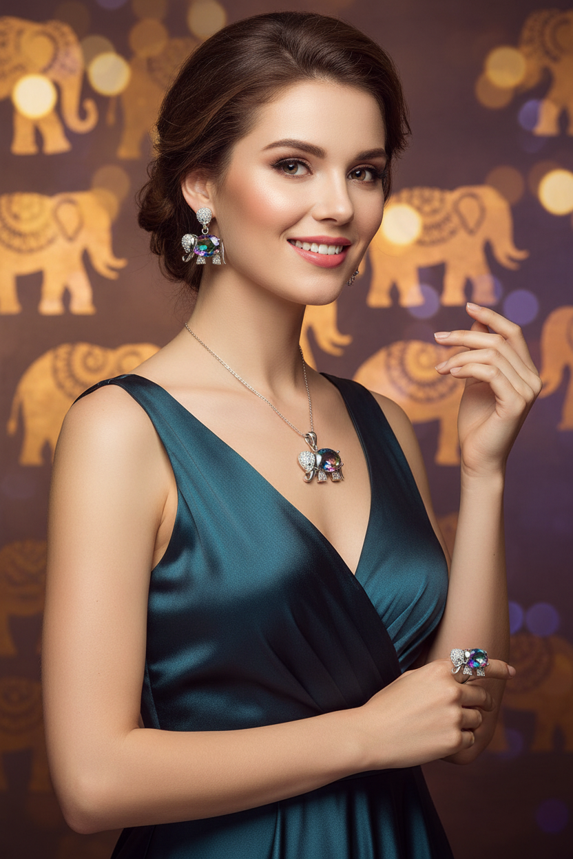 Elephant-themed stone jewelry set: pendant necklace, earrings, and elephant motif ring