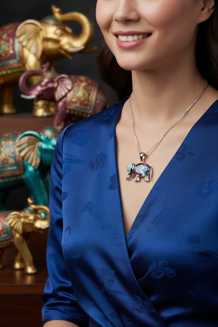 Elephant pendant necklace with multicolor gemstone centerpiece and silver chain