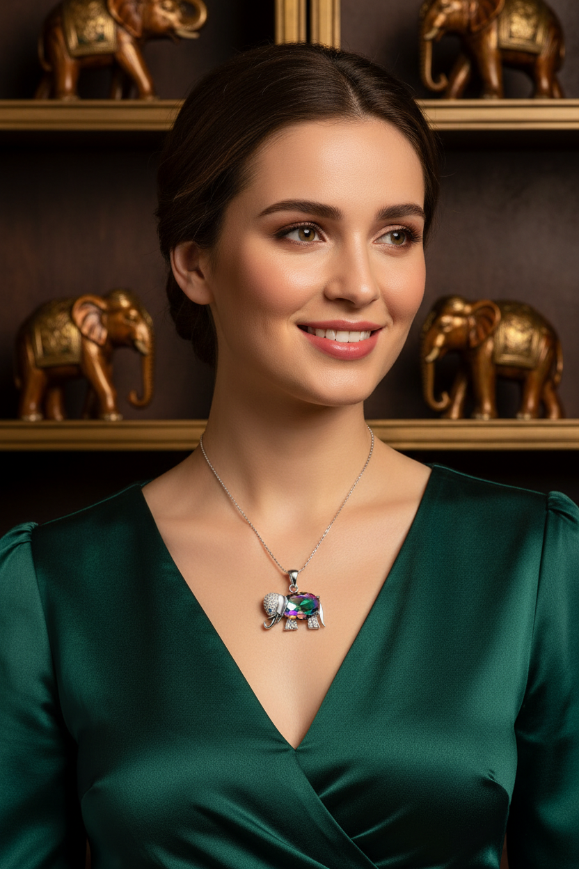 Elephant pendant necklace in silver-tone with multicolor stone