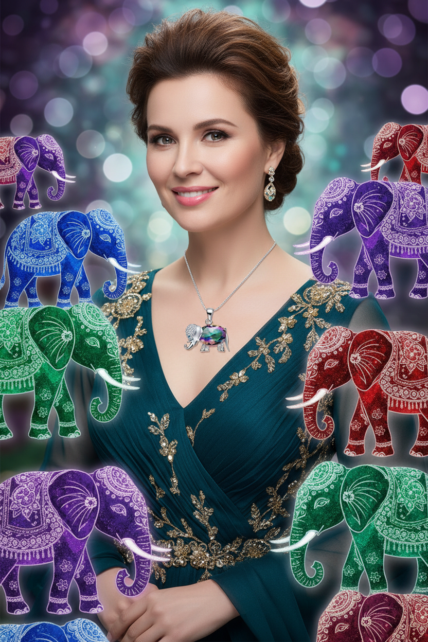 Elephant jewelry set with pendant necklace, stud earrings, and matching ring