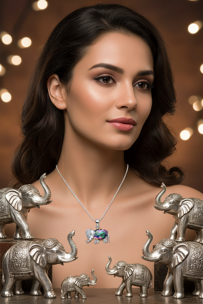 Elephant charm pendant necklace with multicolor stone center and silver chain
