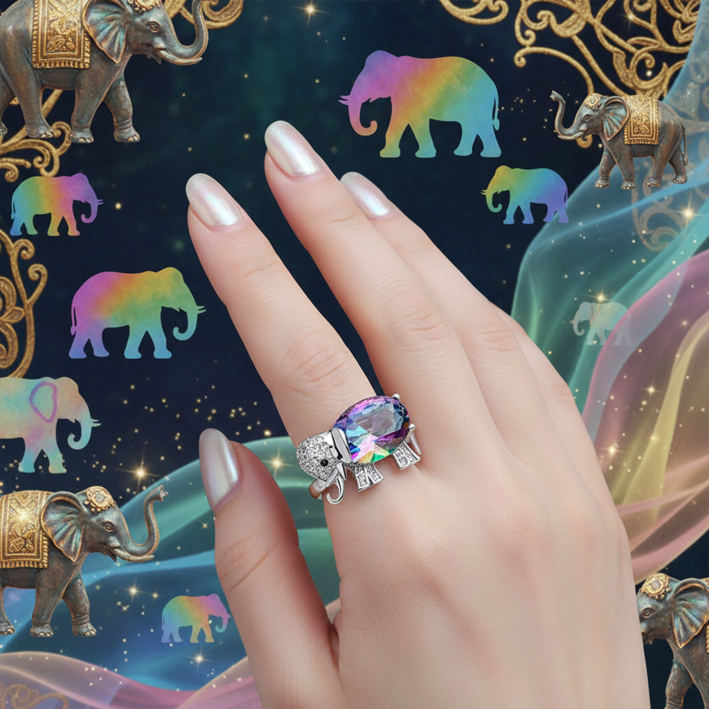Elephant charm ring with iridescent oval center stone and sparkling accents