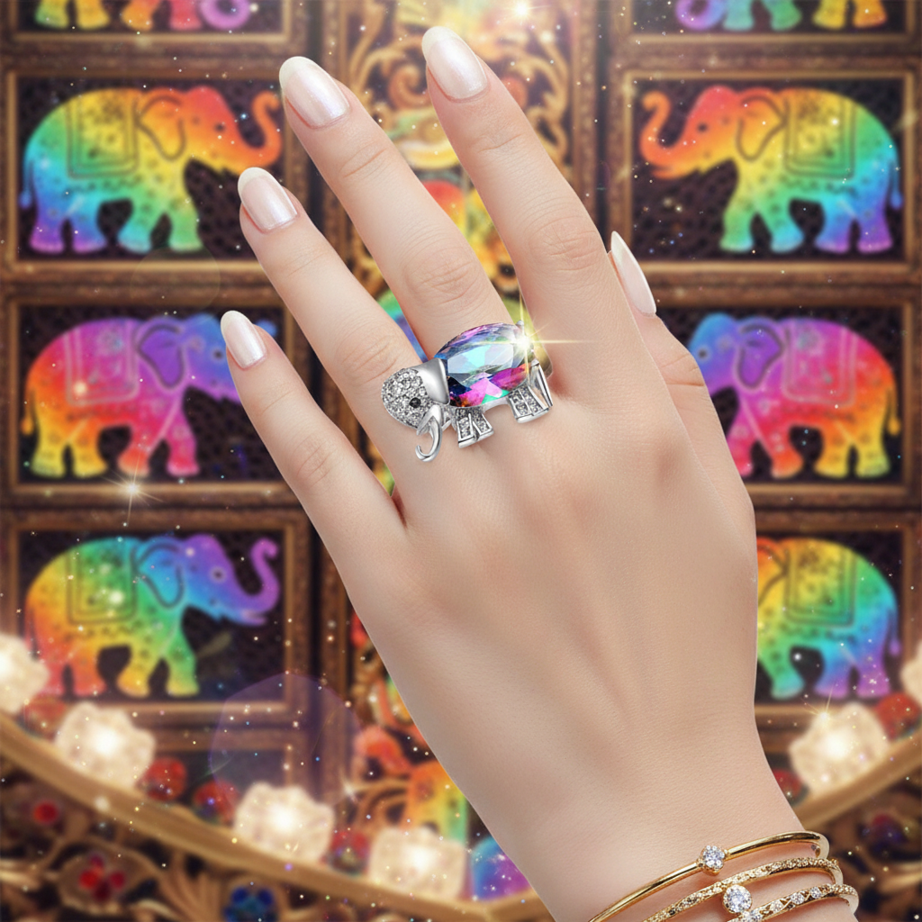 Elephant-themed multicolor stone ring on a hand with crystal accents