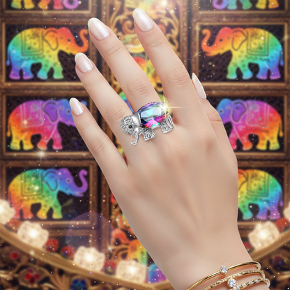 Elephant-themed multicolor stone ring on a hand with crystal accents