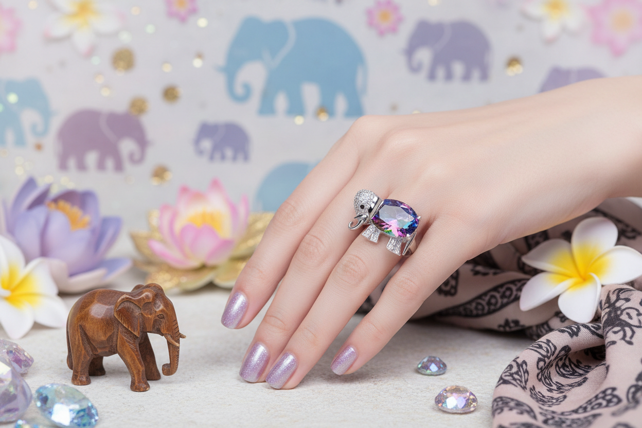 Elephant-shaped multicolor stone ring with small crystal side details