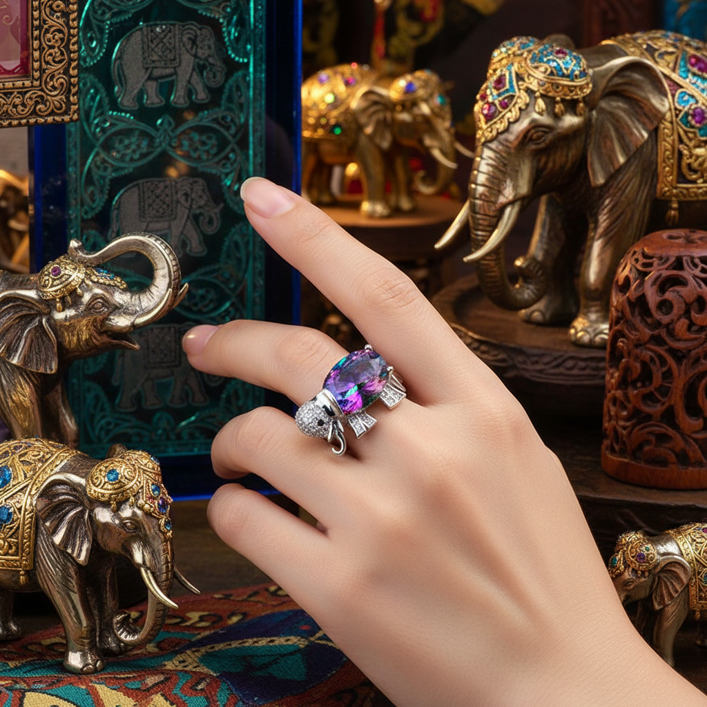 Elephant motif ring with multicolor stone and silver-tone details