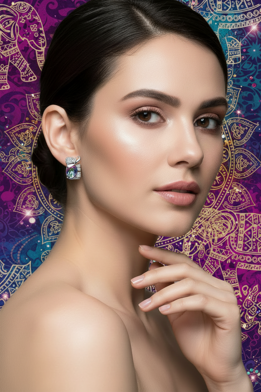 Elephant multicolor stone stud earring on a woman’s ear