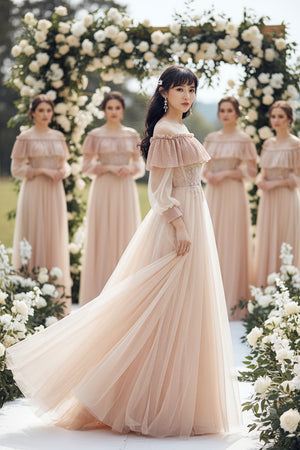 Coffee bridesmaid dress with off-shoulder ruffle top and long flowing tulle skirt, side view