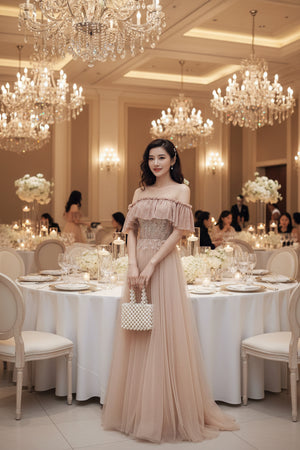 Coffee bridesmaid dress with off-shoulder ruffle top and glittery bodice, long tulle skirt