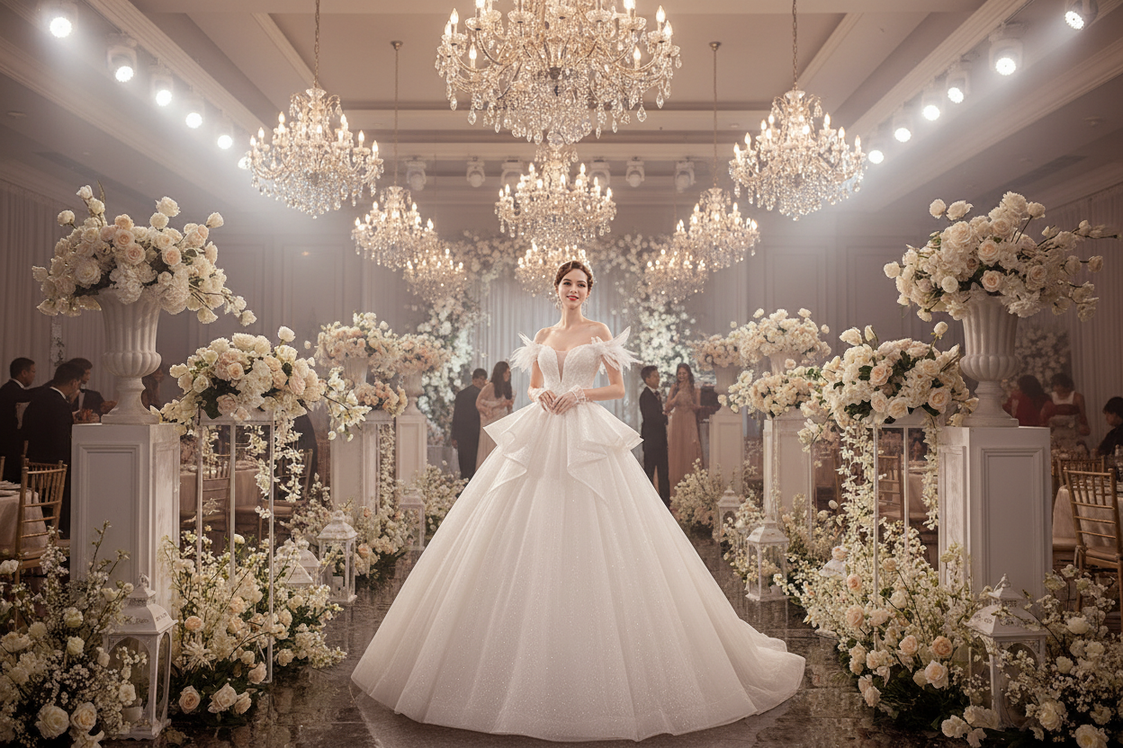 White wedding dress with strapless bodice and layered tulle skirt, full-body view