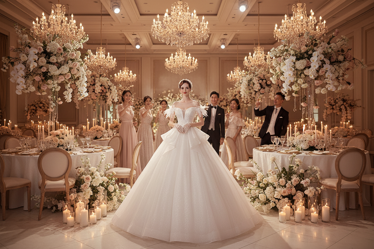 White wedding dress with one-shoulder bodice and voluminous full skirt, front view