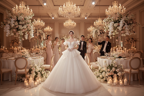 White wedding dress with one-shoulder bodice and voluminous full skirt, front view