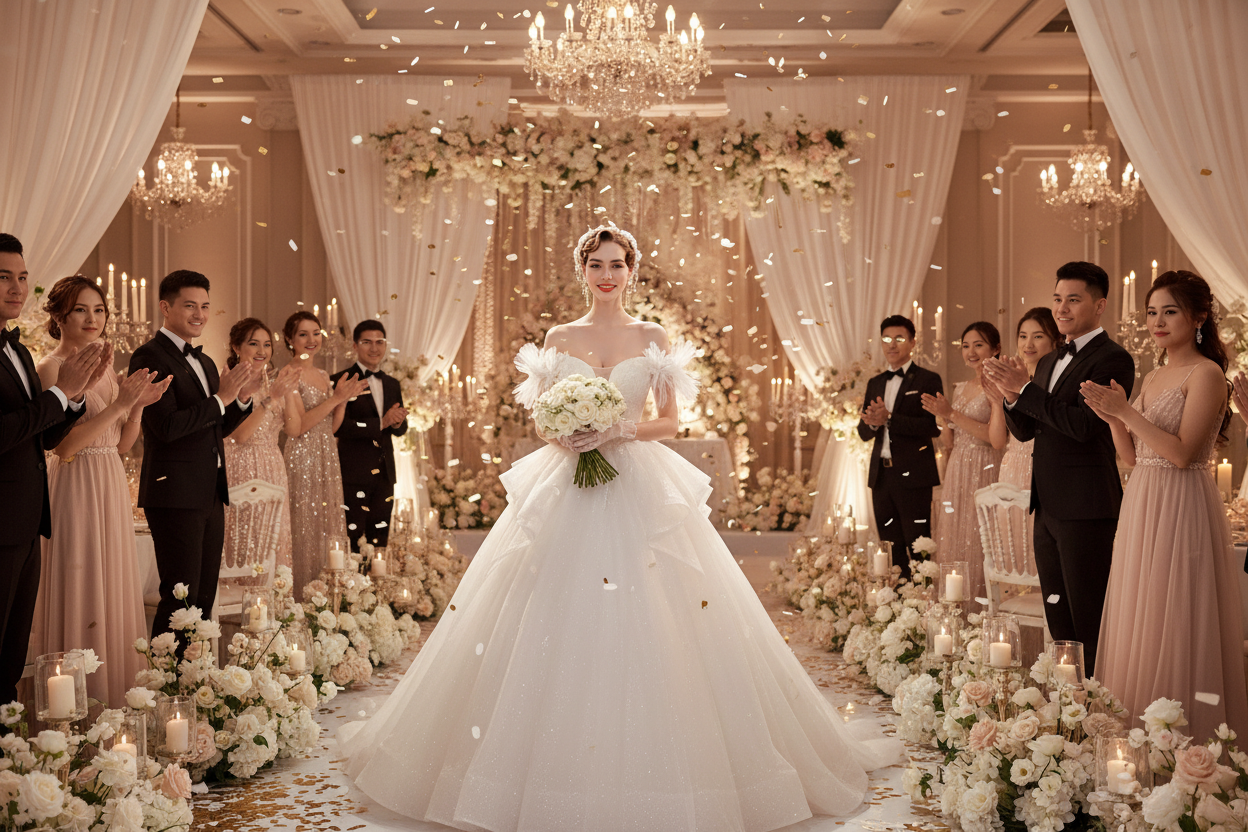 White bridal gown with strapless sweetheart bodice and sparkling tulle skirt, full length
