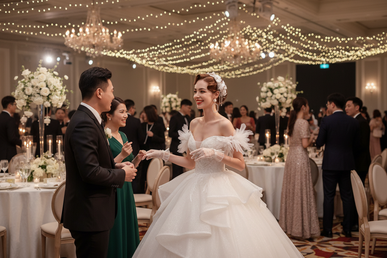 White bridal gown with strapless neckline and full skirt, posing at reception