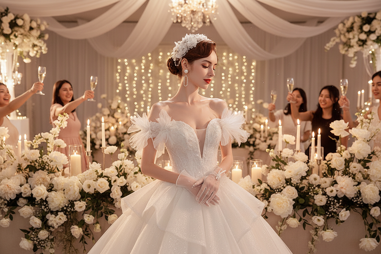 White wedding dress with lace-textured bodice and layered skirt, three-quarter profile view