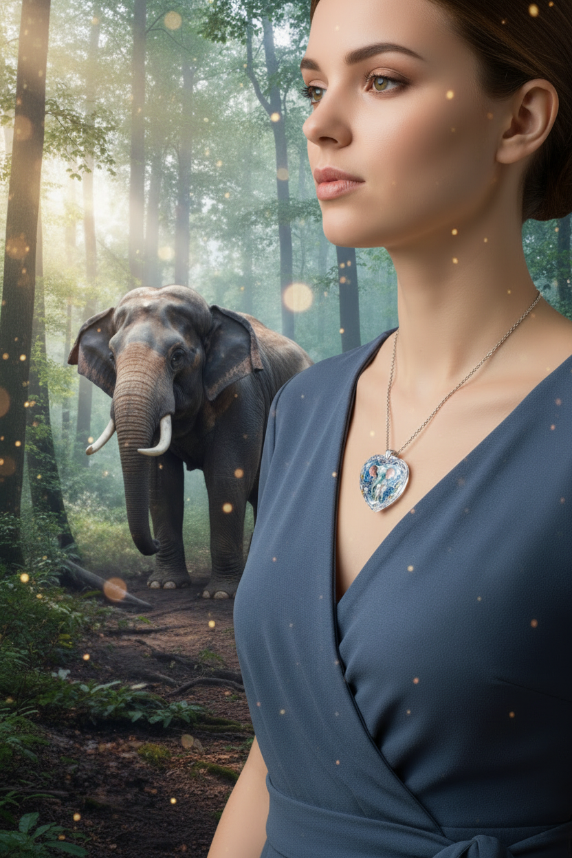 Elephant heart crystal pendant necklace on silver chain, blue dress neckline