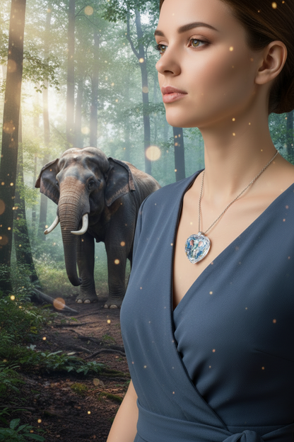 Elephant heart crystal pendant necklace on silver chain, blue dress neckline