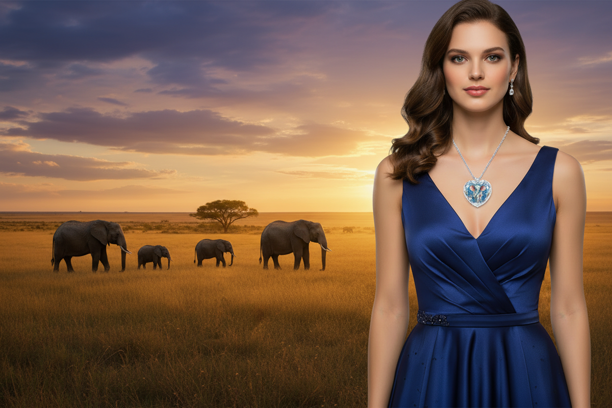 Crystal heart elephant pendant on silver chain, blue dress with V neckline