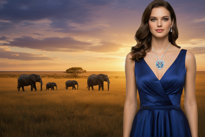 Crystal heart elephant pendant on silver chain, blue dress with V neckline