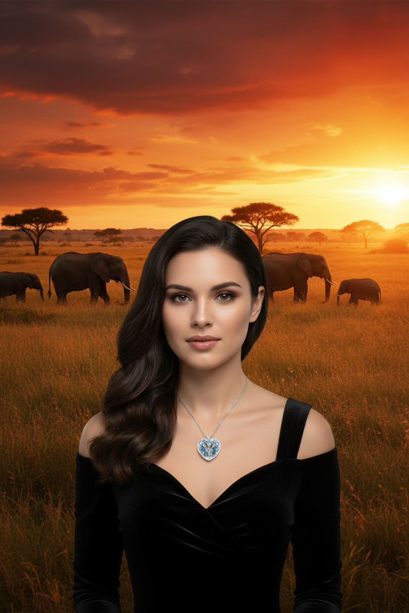 Silver chain necklace with blue elephant heart crystal pendant, black off-shoulder top